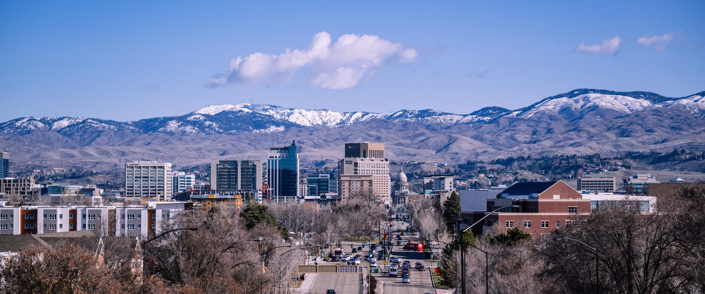 Downtown Boise beneath the snow-covered Boise Front foothills