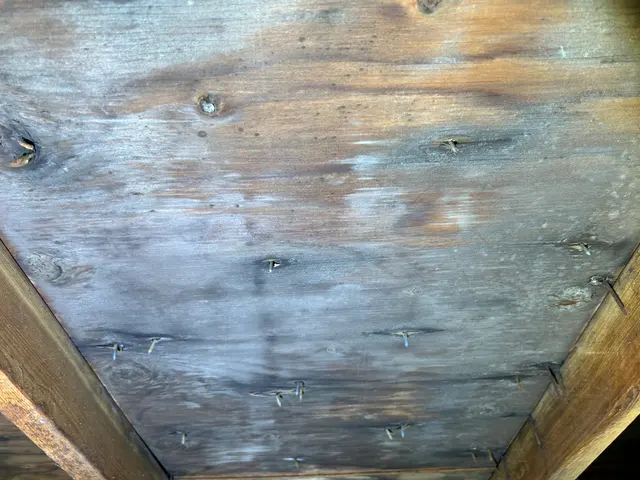 Moisture staining on roof sheathing